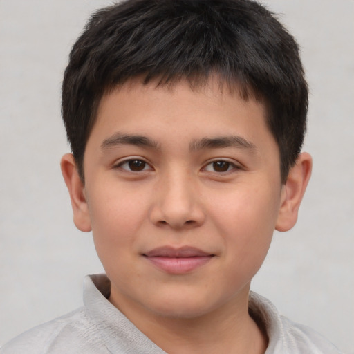 Joyful asian child male with short  brown hair and brown eyes