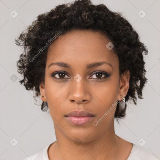 Neutral black young-adult female with short  black hair and brown eyes