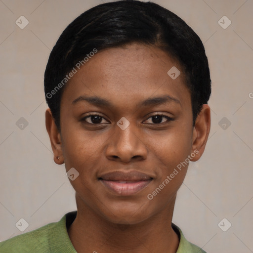 Joyful black young-adult female with short  black hair and brown eyes