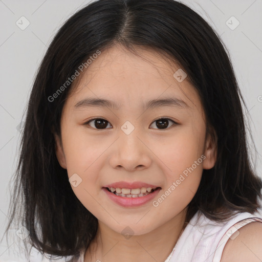 Joyful white child female with medium  brown hair and brown eyes