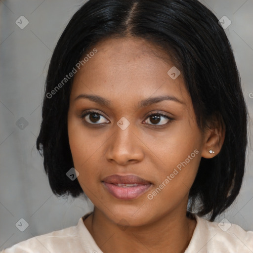 Joyful asian young-adult female with medium  black hair and brown eyes