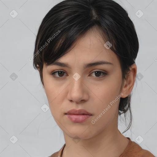 Neutral white young-adult female with medium  brown hair and brown eyes