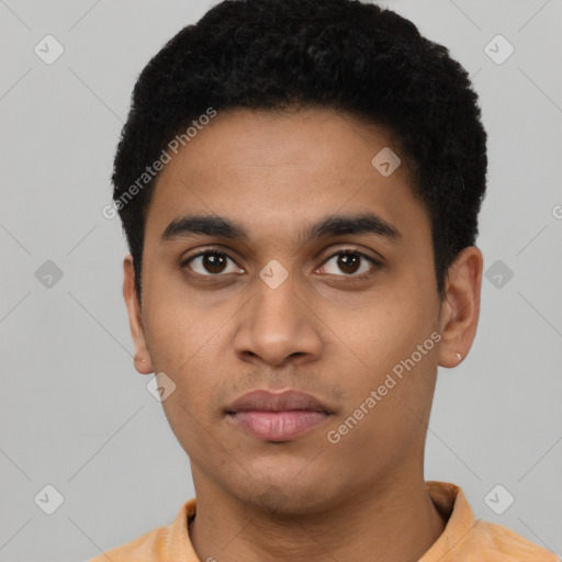 Neutral latino young-adult male with short  black hair and brown eyes