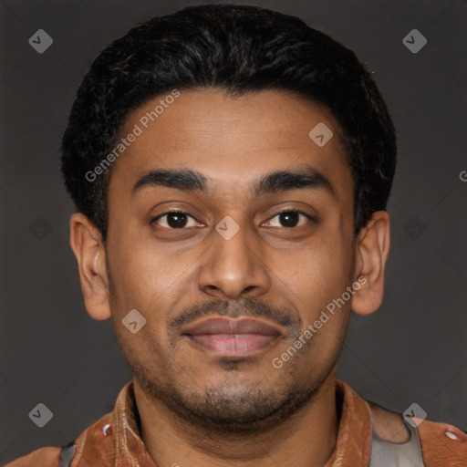 Joyful latino young-adult male with short  brown hair and brown eyes