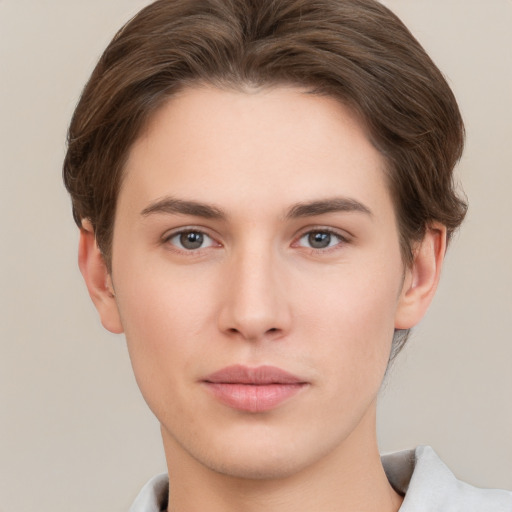 Neutral white young-adult female with short  brown hair and brown eyes