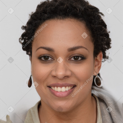 Joyful latino young-adult female with short  brown hair and brown eyes