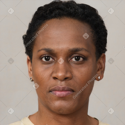 Neutral black young-adult female with short  black hair and brown eyes