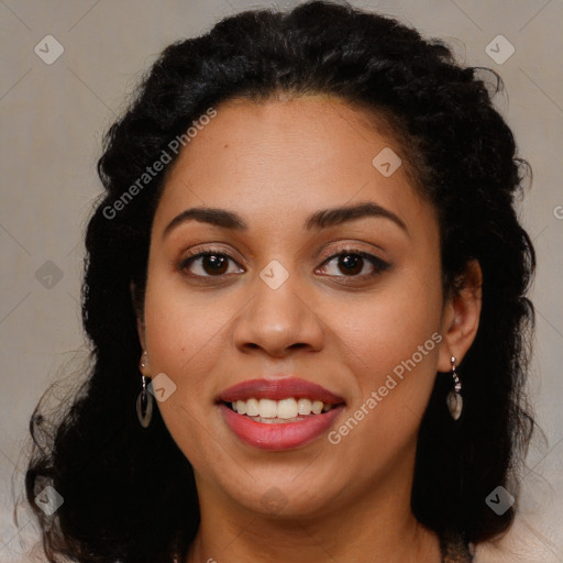 Joyful latino young-adult female with long  brown hair and brown eyes