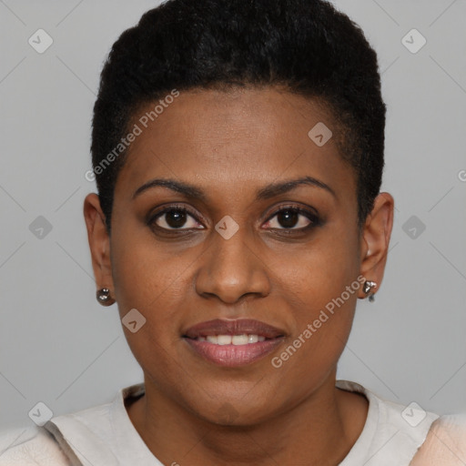 Joyful black young-adult female with short  brown hair and brown eyes