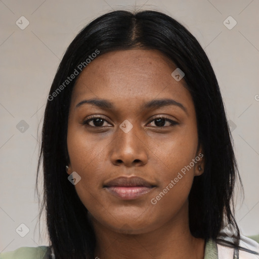 Joyful asian young-adult female with long  black hair and brown eyes