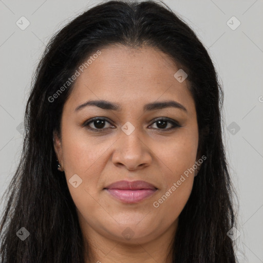 Joyful latino young-adult female with long  brown hair and brown eyes