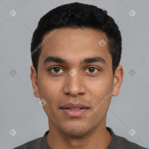 Neutral latino young-adult male with short  black hair and brown eyes