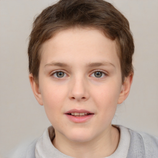 Joyful white child female with short  brown hair and brown eyes