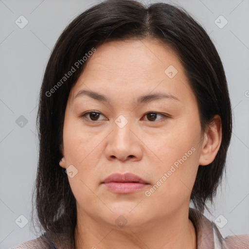 Joyful white adult female with medium  brown hair and brown eyes