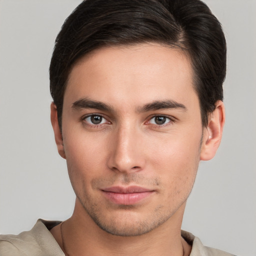 Neutral white young-adult male with short  brown hair and brown eyes