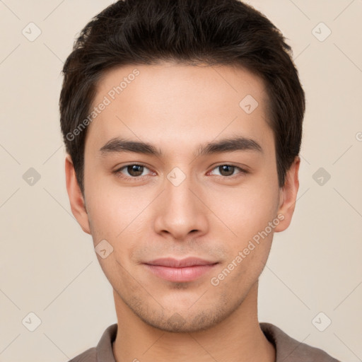 Neutral white young-adult male with short  brown hair and brown eyes