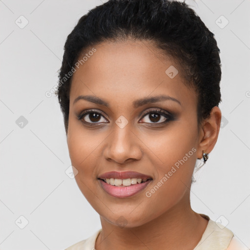 Joyful latino young-adult female with short  brown hair and brown eyes