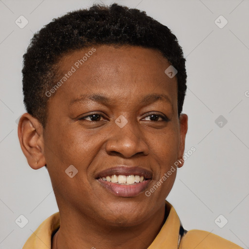 Joyful black young-adult female with short  brown hair and brown eyes