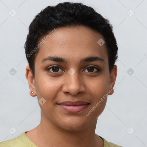 Joyful latino young-adult female with short  brown hair and brown eyes