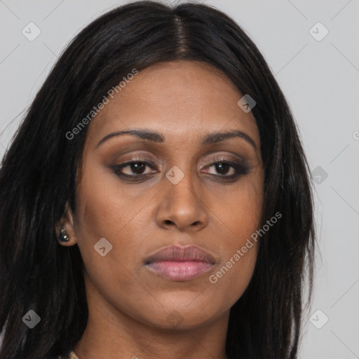 Joyful asian young-adult female with long  brown hair and brown eyes