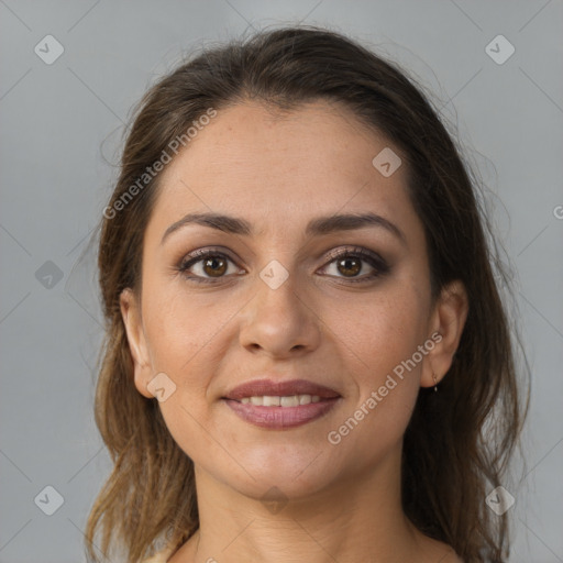 Joyful white young-adult female with medium  brown hair and brown eyes