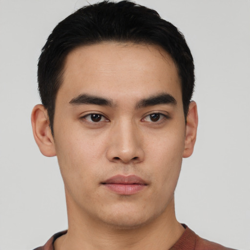 Neutral asian young-adult male with short  black hair and brown eyes