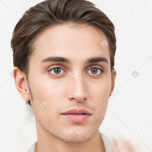 Neutral white young-adult male with short  brown hair and brown eyes