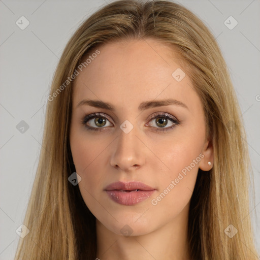 Neutral white young-adult female with long  brown hair and brown eyes