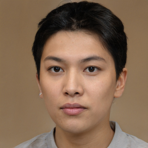 Neutral asian young-adult female with short  brown hair and brown eyes