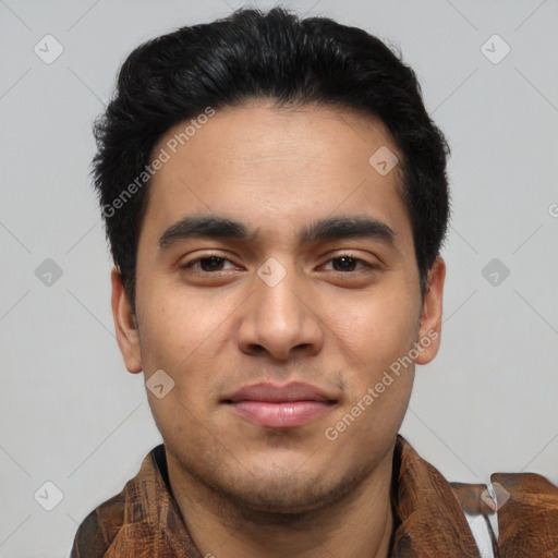 Joyful asian young-adult male with short  brown hair and brown eyes
