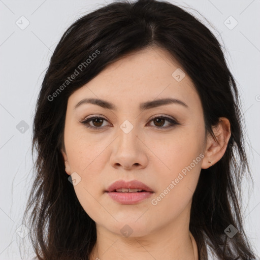 Neutral asian young-adult female with long  brown hair and brown eyes