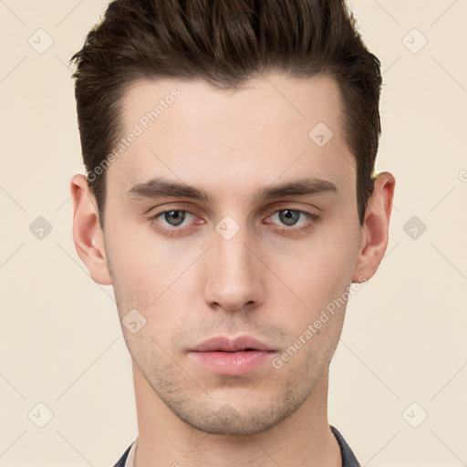 Neutral white young-adult male with short  brown hair and brown eyes