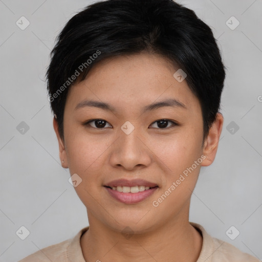 Joyful asian young-adult female with short  black hair and brown eyes