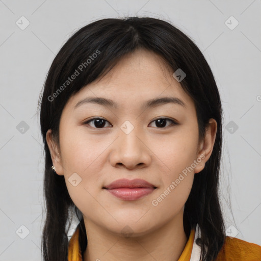 Joyful asian young-adult female with long  black hair and brown eyes