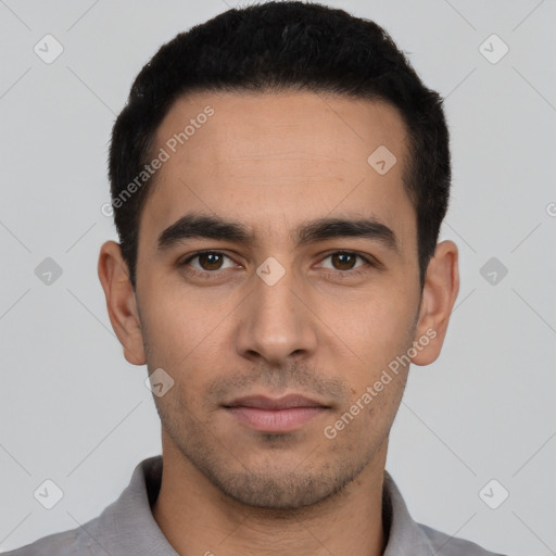 Neutral white young-adult male with short  black hair and brown eyes