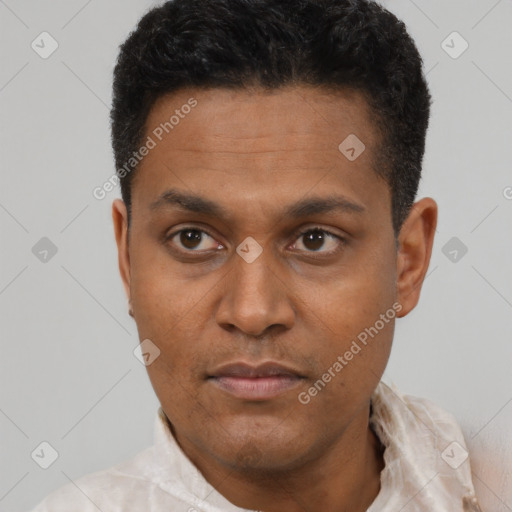 Neutral latino adult male with short  black hair and brown eyes