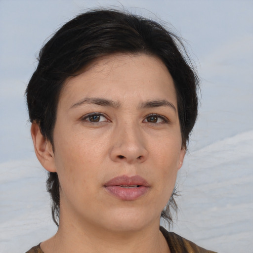Neutral asian young-adult female with medium  brown hair and brown eyes