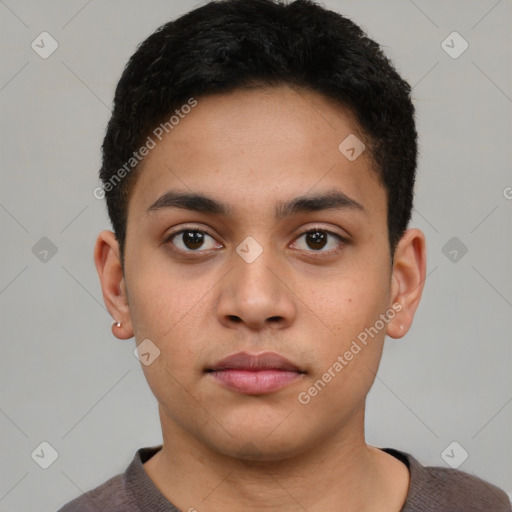 Neutral latino young-adult male with short  brown hair and brown eyes