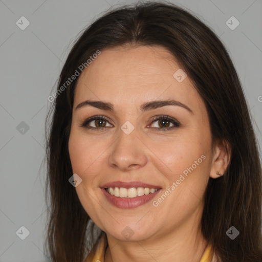 Joyful white young-adult female with medium  brown hair and brown eyes