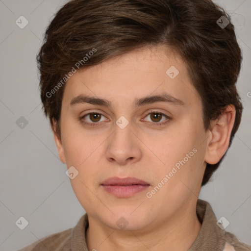 Neutral white young-adult female with short  brown hair and brown eyes