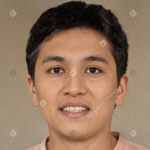 Joyful white young-adult male with short  black hair and brown eyes