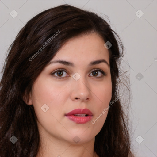 Neutral white young-adult female with long  brown hair and brown eyes