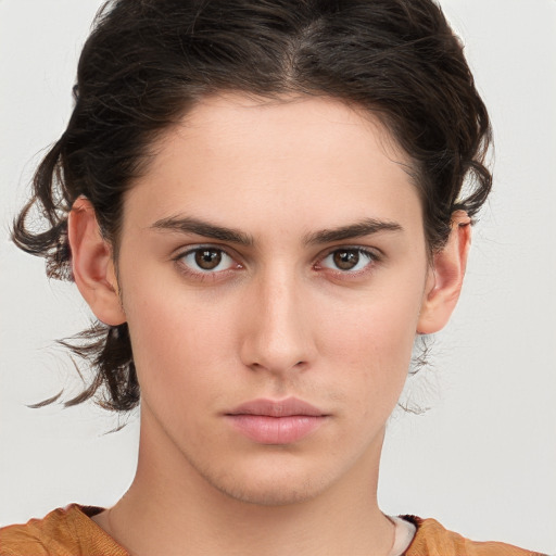 Neutral white young-adult female with medium  brown hair and brown eyes