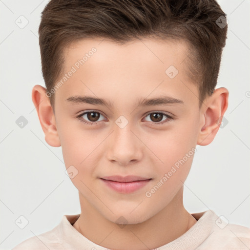 Joyful white child male with short  brown hair and brown eyes