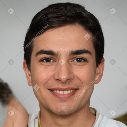 Joyful white young-adult male with short  brown hair and brown eyes