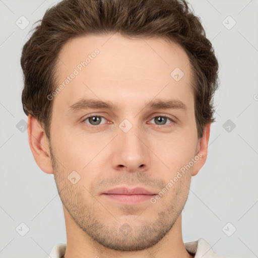 Neutral white young-adult male with short  brown hair and grey eyes