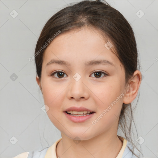 Joyful white child female with medium  brown hair and brown eyes