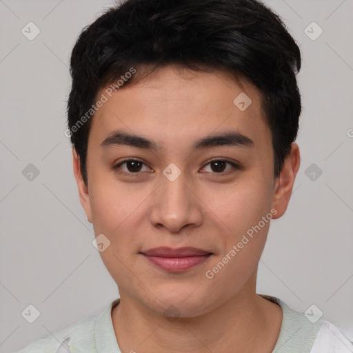 Joyful asian young-adult male with short  brown hair and brown eyes