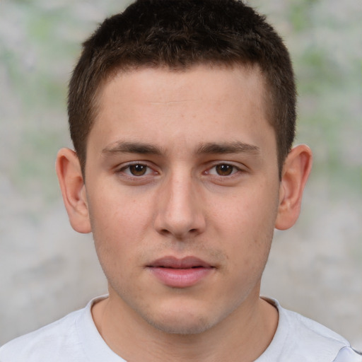 Neutral white young-adult male with short  brown hair and brown eyes