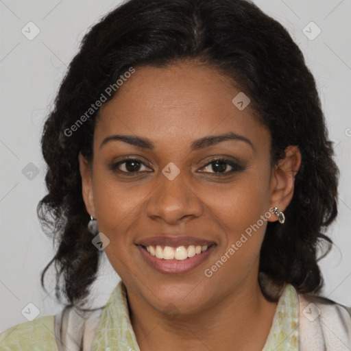 Joyful black young-adult female with medium  brown hair and brown eyes